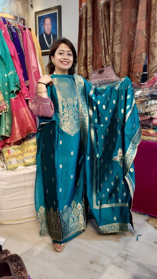 Peacock Blue Straight Salwar Suit With Printed Dupatta